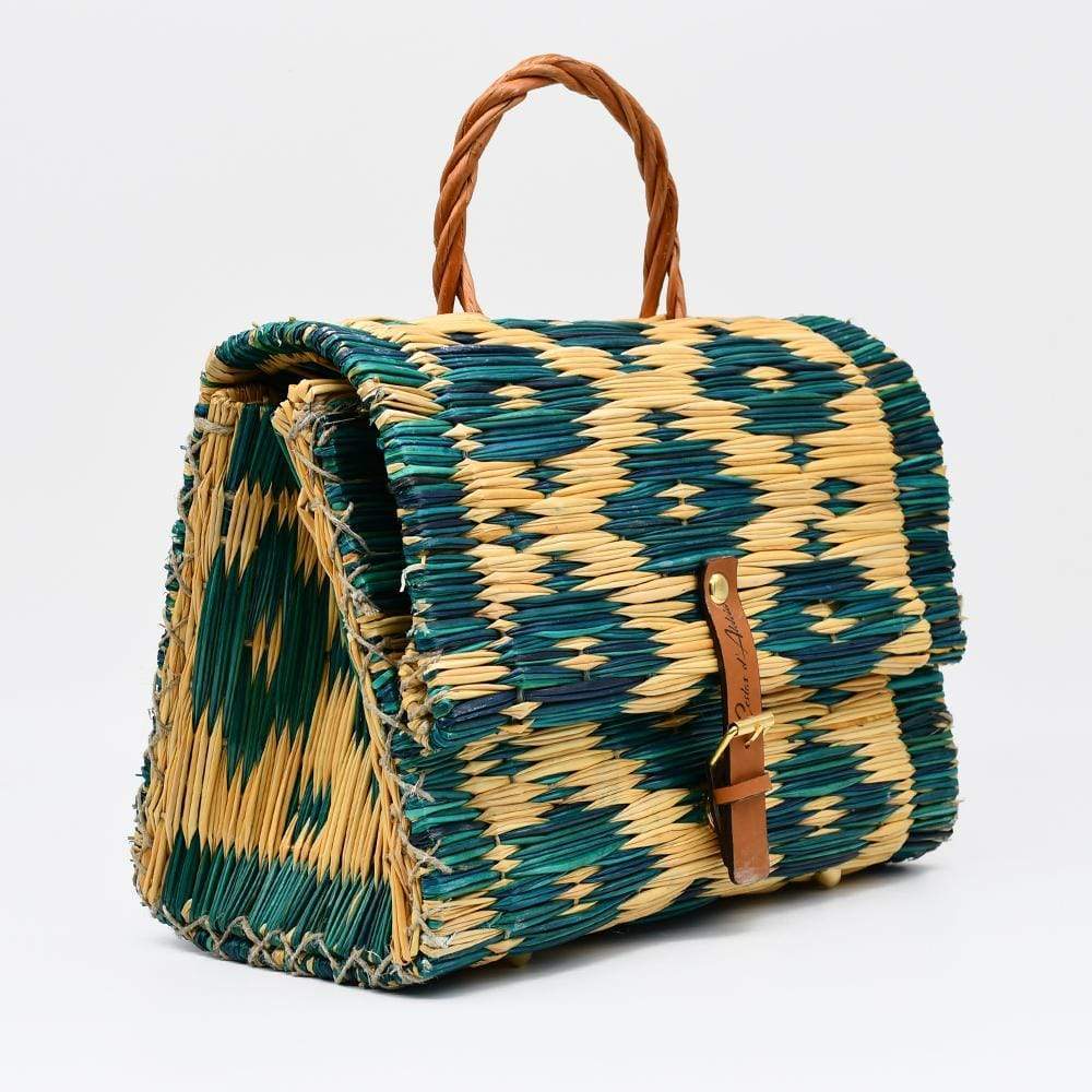 Sac cartable en jonc 30cm - Turquoise & naturel