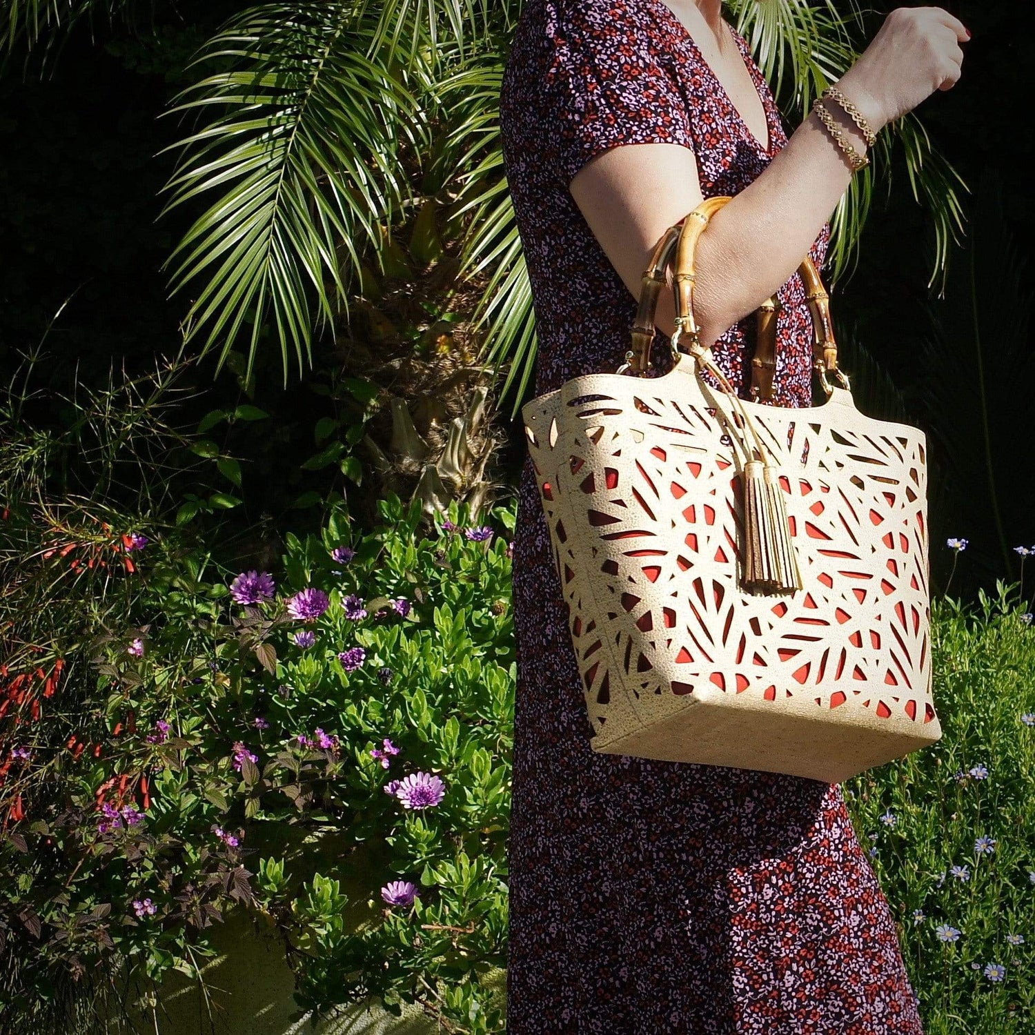 Sac panier en liège Doré et Rouge