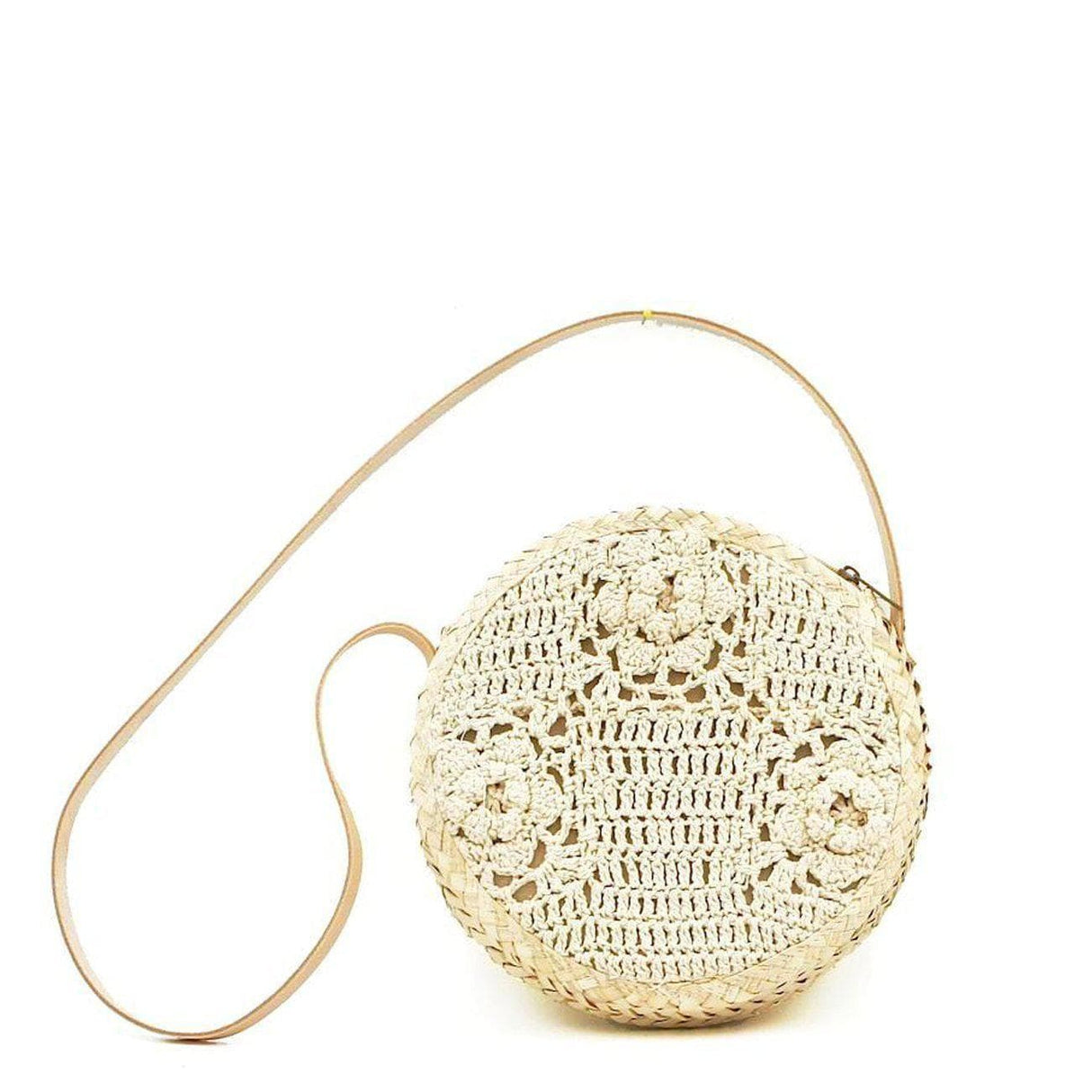 Sac rond en paille tressée et crochet - 25 cm