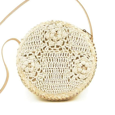 Sac rond en paille tressée et crochet - 25 cm